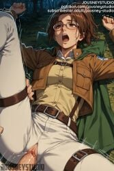 1boy ai_generated attack_on_titan belt blush bondage breasts brown_belt brown_eyes brown_hair brown_jacket clitoris clothed_sex clothing collared_shirt cropped_jacket dress_shirt emblem english_language english_text eyewear female forest glasses grass green_cape hange_zoe hanji_zoe jacket jousneystudio leather long_sleeves lying male medium_breasts medium_hair motion_lines night on_back on_ground open_clothes open_jacket open_mouth outdoors pants paradis_military_uniform parted_bangs patreon_username penis ponytail restrained round_eyewear sex shingeki_no_kyojin shingeki_no_kyojin_|_attack_on_titan shirt short_hair solo_focus spread_legs straight survey_corps_(emblem) teeth text thigh_strap torn_clothes torn_pants uncensored uniform upper_teeth_only vagina vaginal_penetration violation white_pants white_shirt