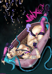 1futa anus aqua_hair ass asymmetrical_clothes balls bathtub belt biting_lip blue_hair boots bottomless braid breasts bullet bullets cigarette cock_ring ear_piercing earrings erection fingerless_gloves functionally_nude futa_only futanari genital_piercing gloves grin harness intersex jinx_(league_of_legends) league_of_legends lying midriff navel nipple_piercing nipples pendant penis piercing pink_eyes punk shadman small_breasts smile smoking solo tattoo testicles topless torn_clothes twin_braids very_long_hair wristband