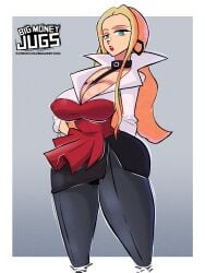 bigmoneyjugs blonde_hair collar earrings huge_breasts oleana_(pokemon) tights