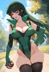 2d ai_generated big_breasts cleavage elbow_gloves female female_focus female_only gloves green_hair leotard long_hair pokeball pokemon sabrina_(pokemon) solo solo_female solo_focus tagme thighhighs