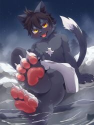 1boy anthro blush boy brown_hair claws cute feet feline foot_fetish foot_focus fur furry girly gray_fur male male_only naked nekojita orange_eyes pawpads paws presenting_feet soles solo tail toe_claws tongue_out wet_feet white_fur young