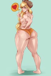 1girls applejack_(mlp) ass barefoot blonde_hair breasts cow_girl cowboy_hat erect_nipples farmgirl female female_only freckles friendship_is_magic green_eyes hat heart huge_ass human humanization humanized large_ass looking_at_viewer looking_back my_little_pony nipples panties personification ponytail sideboob simple_background small_breasts solo straight_hair sunnysundown thick_thighs thumbs_up tied_hair underwear wide_hips wink