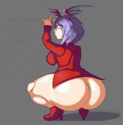 1girls ass ass_focus big_ass bottom_heavy bottomless breasts capcom darkstalkers from_behind high_heels huge_ass justelm25 lilith_aensland looking_at_viewer purple_hair red_eyes squatting succubus suit thick thick_ass thick_thighs wings