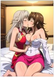 2girls ai_art ai_generated arm_around_waist arm_support barefoot bed bed_sheet bedroom blush braid breast_press breast_to_breast brown_hair choker cleavage closed_door closed_eyes daughter-in-law door dress feet french_kiss grayfia_lucifuge grey_hair guloyu84 hand_on_another's_stomach high_school_dxd highres in-lawcest indoors kiss lamp large_breasts lesbian_kiss long_hair long_sleeves mature_female milf mother-in-law mother-in-law_and_daughter-in-law multiple_girls pillow shiny_skin shirt sitting sitting_on_bed skirt symmetrical_docking tongue tongue_out venelana_gremory yuri