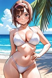 1girl ai-created ai_generated ass_visible_through_thighs bare_shoulders beach bikini blue_sky blush breasts brown_eyes brown_hair cleavage closed_mouth cloud collarbone contrapposto cowboy_shot day devilman female hairband hand_on_own_hip large_breasts looking_at_viewer miki_makimura navel ocean outdoors palm_tree pink_hairband pixiv rena_aikawa_(pixiv_user) short_hair sky smile solo stable_diffusion standing stomach swimsuit thighs tree white_bikini