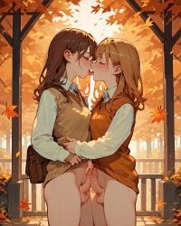 2futas ai_generated autumn_leaves frottage futanari kissing penis sweater_vest