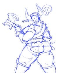 angry_vein barbarian_(castle_crashers) big_ass castle_crashers female gronch0 holding_object horned_helmet looking_back monochrome ripped_clothing rule_63 self_upload sketch tagme text_bubble unfinished weapon white_background