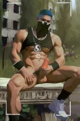 1boy blue_hair chains male male_only mask masturbation muscles muscular muscular_male pokemon pokemon_sm skull_grunt wowcherrim