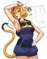 armpits blonde_hair blush cleavage dooby3d gloves goggles green_eyes indie_virtual_youtuber jerboa jerboa_humanoid joecanvas open_mouth sideboob sweat train virtual_youtuber wakipai watermark wrench