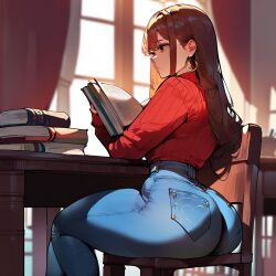 ai_generated big_ass big_butt bubble_ass bubble_butt female female fully_clothed indoors jeans library studying tight_jeans