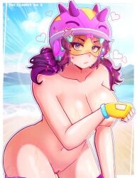 1girls angry_face beach_background brawl_stars female gloves headwear helmet helmet_with_visor jacky_(brawl_stars) jet_ski light-skinned_female ponytails solo supercell sweat tinted_eyewear visor wet_body yui_izumi_(artist)