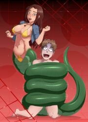 1boy bra brown_hair constriction femdom green_eyes lamia large_breasts muscular_female naga naga_form snake_girl snake_tail squeezing unknown_artist