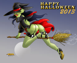 2013 ass black_hair broom flying garter green_skin halloween high_heels panties wbreaux witch witch_hat