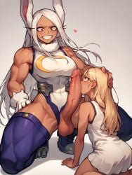 1futa 1girls abs ai_generated big_breasts big_dom_small_sub big_penis blonde_female blonde_hair bunny_ears bunny_girl dark-skinned_female dark_skin futa_on_female futadom futanari grin grinning huge_cock kissing kissing_penis large_penis leotard light_skin miruko muscular muscular_female my_hero_academia red_eyes rumi_usagiyama stable_diffusion white_background white_hair