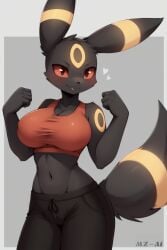 1girls ai_generated anthro athletic belly black_body breasts clothed clothing eeveelution female fur nintendo pokemon pokemon_(species) pokemorph red_sclera smile solo sports_bra sportswear tail topwear umbreon