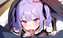 1boy 1boy1girl 1girls ai_generated bed bed_sheet bedroom blush dick fellatio lipstick nail_polish nails_painted pantyhose patreon patreon_username penis pov pubic_hair purple_eyes purple_hair purple_nails red_lipstick saliva shirt skirt touching_penis twintails under_sheets unzipped zenaai