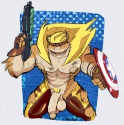 2020s 2024 abs anthro artist_name balls big_balls big_penis black_bottomwear black_clothing black_eyes black_pants blonde_hair bottomwear brown_body brown_clothing brown_fingerless_gloves brown_fur brown_gloves brown_handwear captain_america_(marvel) clothing crossover digital_media_(artwork) domestic_cat epic_games fangs felid feline felis fingerless_gloves fortnite front_view fur genitals gloves hair handwear hi_res holding_object holding_ranged_weapon holding_shield holding_weapon male mammal marvel meowscles_(fortnite) meowtooth multicolored_body multicolored_fur muscular muscular_anthro muscular_male nipples pants pecs penis pink_nipples pokonuki pose pubes ranged_weapon sharp_teeth shield smile solo teeth torn_bottomwear torn_clothing torn_pants two_tone_body two_tone_fur weapon yellow_bottomwear yellow_clothing yellow_pants