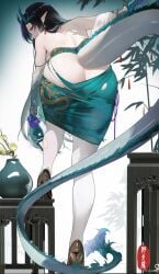 adjusting_clothes adjusting_legwear arknights artist_logo ass bare_back bead_bracelet beads black_hair bracelet butt_crack colored_extremities commentary_request dragon_horns dragon_tail dress dusk_(arknights) dusk_(everything_is_a_miracle)_(arknights) female foot_up from_behind full_body green_dress green_hands green_horns green_tail high_heels horns jewelry long_hair looking_at_viewer multicolored_hair official_alternate_costume omone_hokoma_agm paid_reward_available pantyhose pointy_ears pussy pussy_peek red_eyes shoulder_blades sidelocks solo streaked_hair tail torn_clothes torn_dress torn_pantyhose uncensored very_long_hair white_pantyhose