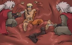 2014 2boys artist_signature bad_pierrot blonde_hair closed_eyes feathers feet jiraiya lost_bet male_feet male_foot_fetish male_only naruto naruto_shippuden restrained shadow_clone shirtless shirtless_male shoes_removed tickle_torture tickling tickling_armpits tickling_feet uzumaki_naruto white_hair