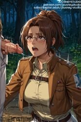 1boy ai-created ai_generated attack_on_titan belt blush breasts brown_eyes brown_hair brown_jacket clothing cropped_jacket day emblem english_language english_text erection eyewear female forest glasses hange_zoe hanji_zoe jacket jousneystudio large_breasts long_sleeves looking_at_viewer male masturbation military military_uniform nature night open_clothes open_jacket open_mouth outdoors pants paradis_military_uniform parted_bangs penis ponytail precum round_eyewear shingeki_no_kyojin shingeki_no_kyojin_|_attack_on_titan shirt short_hair solo_focus standing straight survey_corps_(emblem) text tied_hair tree uncensored uniform upper_body white_shirt