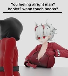 1:1 1boy 1boy1girl 1female 1femboy 1girls 1male beelzebub_(helltaker) big_breasts demon demon_girl demon_horns female female femboy gold_(character) helltaker huge_breasts kein_wal large_breasts meme robot robot_boy robot_femboy seductive seductive_eyes seductive_look seductive_smile showing_breasts tagme