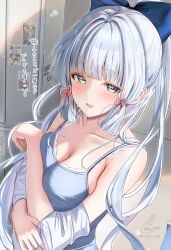 1girls adult adult_female arm_under_breast arm_under_breasts blue_eyes blue_eyes_female blue_hair_ribbon blue_hair_tie blue_ribbon blunt_bangs blush blush_face blush_lines blushed_face blushing_at_viewer blushing_face blushing_female breasts busty busty_female busty_girl changing changing_clothes changing_clothing changing_room cleavage collarbone dot_nose embarrassed embarrassed_exposed_female embarrassed_expression embarrassed_female exposing exposing_breasts exposing_chest exposing_self eyebrows_visible_through_hair fair_skin female female_only fingers genshin_impact hair_ribbon hair_tie hand_on_arm hand_on_own_arm head_tilt high_resolution highres indoor indoors japanese_text kabu_usagi kamisato_ayaka large_breasts light-skinned_female locker locker_room lockers long_hair looking_at_viewer mature mature_female mole mole_under_eye open_mouth open_mouth_smile parted_lips ponytail ribbon shoulders sidelocks silver_hair silver_hair_female smile smiley_face smiling smiling_at_viewer smooth_skin solo stalker standing text tilted_head tongue translated translation_request undressing undressing_self upper_body white_eyebrows white_hair white_hair_female