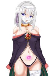 1girls bandage belly breasts breasts_apart elf elf_ears elf_female emilia_(re:zero) exposed_shoulders female half-dressed looking_at_viewer no_pants panties purple_eyes re:zero_kara_hajimeru_isekai_seikatsu silver_hair sirius_romaneeconti_(cosplay) solo standing thighs tongue_out white_background white_skin witch_cultist