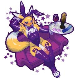 absolute_territory alcohol anthro armpit_hair armpit_tuft armwear bandai_namco beverage big_penis blush bodily_fluids body_hair bow_tie bunny_costume canid canine clothing condom_wrapper container costume cup digimon digimon_(species) dildo drinking_glass embarrassed fluffy fluffy_tail fox fur genitals glass glass_container glass_cup hand_behind_head hi_res holding_object knil knil_(artist) legwear looking_at_viewer male mammal penis platter purple_clothing raised_arm renamon sex_toy sitting solo star stockings sweat tail thick_thighs toeless_legwear toeless_stockings white_body white_fur wine wine_glass yellow_body yellow_fur