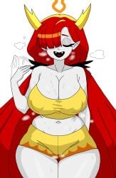 bare_shoulders breasts chubby cleavage closed_eyes clothed clothing collarbone demon demon_girl fanning fanning_self fat female female_only fire ghostec gym_clothes hair_over_one_eye happy heart_tongue hekapoo horns huge_breasts long_hair milf mother navel nipples_visible_through_clothing open_mouth red_hair shorts shortstack signature simple_background smile solo standing star_vs_the_forces_of_evil steam steaming_body steamy sweat sweating sweaty thick_thighs tight_clothing tongue top_heavy topwear white_background wide_hips yellow_clothing