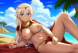 1girls ai_generated arabian_clothes blonde_hair breasts_out day desert hanna-justina_marseille harem_outfit jewelry lake large_breasts long_hair looking_at_viewer lying nature nipples outdoors palm_tree pyramid smile strike_witches world_witches_series