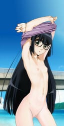 black-framed_glasses black_hair blush breasts cat_planet_cuties female flat_chest futaba_aoi_(asobi_ni_iku_yo!) glasses green_eyes hime_cut looking_at_viewer navel nipples nude outdoors pussy solo standing uncensored