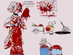 2024 4:3 aliasing anthro apron bathroom bathtub blood blood_covered blood_on_arm blood_on_clothing blood_on_face blood_splatter blue_clothing blue_gloves blue_handwear bodily_fluids bottomwear box burial canid canine canis car cheek_tuft cleaning_tool clenched_teeth clothed clothing container dialogue digital_media_(artwork) domestic_dog english_text excessive_blood eyebrows facial_tuft floppy_ears fully_clothed fur gas_mask gloves gore grave grey_background grin handwear holding_bag holding_cleaning_tool holding_mop holding_object jacket killing looking_at_viewer mammal mask mass_grave mop multiple_images musical_note musical_symbol open_mouth open_smile pants shirt shovel simple_background smile snout solo speech_bubble standing symbol tail talking_to_viewer teeth text tools topwear tuft vehicle winterfrost_(artist) winterfrost_(winterfrost) yellow_apron yellow_clothing yellow_jacket_(clothing) yellow_topwear