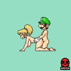 1boy 1boy1girl 1girls animated doggy_style female luigi male mario_(series) mayin metroid nintendo nude nude_female nude_male pixel_animation pixel_art samus_aran sex sex_from_behind zero_suit_samus