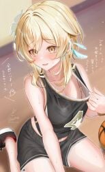 alternate_costume arm_support ball bare_shoulders basketball basketball_(ball) basketball_(object) basketball_court basketball_uniform black_footwear black_shirt black_shorts blonde_eyebrows blonde_female blonde_hair blonde_hair blonde_hair_female blurred_background blurry_background blush blush blush_face blush_lines blushed_face blushing_at_viewer blushing_face blushing_female bra bra_peek clothes_pull embarrassed embarrassed_exposed_female embarrassed_expression embarrassed_female exposing exposing_breasts exposing_chest exposing_self eyebrows_visible_through_hair feather_hair_ornament feathers female flower flower_hair_ornament flower_in_hair flower_on_head genshin_impact gym_shirt gym_shorts hair_flower hair_ornament hair_ornaments indoor indoors kabu_usagi light-skined_female light-skinned light-skinned_female light_skin light_skin_female light_skinned light_skinned_female looking_ahead lumine_(genshin_impact) midriff navel nervous nervous_expression nervous_face nervous_female nervous_smile nervous_sweat on_knees open_mouth open_mouth_smile parted_lips pulling_own_clothes shirt shirt_pull short_hair_with_long_locks shorts shy shy_expression shy_smile sitting sitting_on_ass sitting_on_floor sitting_on_ground sitting_on_knees sleeveless sleeveless_shirt smile smiley_face smiling smiling_at_viewer smooth_skin solo sport_top sports_shorts sportswear sweat tongue topwear topwear_pull underwear upper_body wariza white_bra yellow_eyes yellow_eyes_female