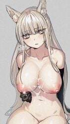 1girls animal_ears areola arknights blush breasts cum_on_breasts female female_only grey_eyes huge_breasts looking_at_viewer naked naked_female nipples nude nude_female platinum_(arknights) pote0508 sitting solo_female white_hair