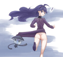 1girls ahoge angry ass assisted_exposure blue_eyes blue_hair blush breasts color dress embarrassed_nude_female enf exposed exposed_ass exposed_pussy female hairband happy headband hex_maniac hips human jiffic kneepits knees lampent legs long_hair looking_back nintendo no_panties open_mouth pale_skin pokemon pokemon_xy running shoes sideboob skirt skirt_caught_on_object skirt_lift small_breasts solo sweater uncensored upskirt very_long_hair wardrobe_malfunction wide_hips