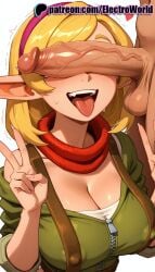 1boy 1girls 2025 ai_generated artist_name bandana blonde_hair breasts bust chest cleavage clothed_female_nude_male cock dick double_v electroworld erection female hair_over_one_eye hi_res high_quality high_resolution highres huge_cock jak_and_daxter large_penis male open_mouth patreon patreon_username penis penis_awe penis_on_face precum red_scarf scarf stable_diffusion straight tess_(jak_and_daxter) testicles tongue tongue_out trembling twitching_penis uncensored v v_over_eye veins veiny_penis w watermark