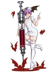 1girls bat_wings blushypixy blushyspicy capcom darkstalkers high_heels hothot_spicy legs lilith_aensland looking_at_viewer needle nurse nurse_cap nurse_uniform purple_hair red_eyes short_hair small_breasts solo succubus thighhighs thighs