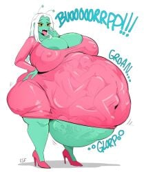 1girls alien alien_girl big_belly big_breasts bones bones_in_belly burping digested_prey dress female high_heels huge_belly huge_breasts humanoid malice_(riu_incognito) mass_vore nipples_visible_through_clothing pink_dress riu_incognito vore vore_belly white_hair