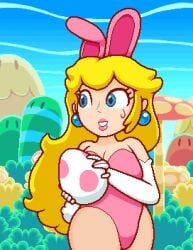 1girls big_thighs bunny_ears bunnysuit egg embarrassed female female_focus mario_(series) okami_tomato pixel_art png princess_peach super_mario_bros. super_princess_peach sweat