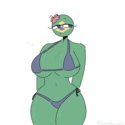 big_breasts bikini brazil_(countryhumans) countryhumans countryhumans_girl eyelashes flower green_skin xx.canada.xx