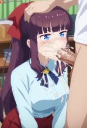 1boy 1girls ai_generated airiakane balls big_balls big_breasts big_penis blowjob blue_eyes blush cum cum_explosion cum_in_mouth cum_on_face cum_overflow cum_overflowing cumshot cumshot_in_mouth excessive_cum hair_ribbon huge_balls huge_breasts huge_cock light-skinned_female light-skinned_male light_skin long_hair massive_breasts nai_diffusion new_game! oral_sex penis ponytail purple_hair squatting sweat sweatdrop takimoto_hifumi thick_body thick_female veiny_penis voluptuous voluptuous_female