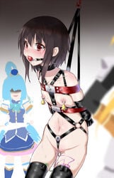 3girls aqua_(konosuba) arms_behind_back ball_gag blush bondage bound breasts brown_hair collar darkness_(konosuba) elbow_gloves female female_only gag gagged ginklaga gloves harness highres kono_subarashii_sekai_ni_shukufuku_wo! lock megumin multiple_girls nipple_bells nipple_piercing nipples piercing red_eyes short_hair slave small_breasts solo_focus suspension tears thighhighs vibrator