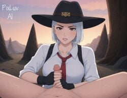 2d ai_generated ashe_(overwatch) cowboy_hat female handjob male overwatch penis pov white_hair