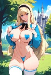 2d ai_generated alice_in_wonderland big_breasts blonde_female blonde_hair day female female_focus female_only hairband outdoors panties pasties solo solo_female solo_focus standing tagme thighhighs