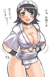 1girls black_hair blush choker cleavage dr.p female hairclip iroha japanese_text maid maid_headdress open_mouth samurai_shodown short_hair snk solo solo_female white_background