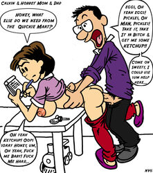 1boy 1girls 2000s 2006 bent_over_table black_hair_male black_pants black_pubic_hair breasts breasts_out brown_hair_female calvin's_dad calvin's_mom calvin_and_hobbes dialogue dialogue_bubble distracted_sex english_dialogue english_text female first_porn_of_franchise glasses grey_shoes keys male married_couple nev pants_down pubes pubic_hair purple_shirt purple_shoes red_pants sex sex_from_behind sleeves_rolled_up table text_bubble toy_train white_background