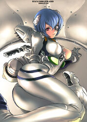 1girls ass blue_hair bodysuit breasts clothes clothing female female_only gainax hair human medium_breasts neon_genesis_evangelion pale-skinned_female pale_skin pilot_suit plugsuit red_eyes rei_ayanami ryu_(artist) shiny shiny_clothes short_hair skin_tight solo torn_clothes