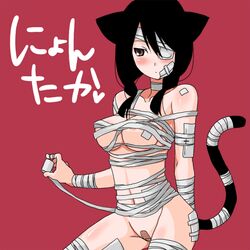 1girls animal_ears bandage bandage_over_one_eye bandages bandaid bandaid_on_pussy black_hair breasts cat_ears cat_tail ekra female kobushi_abiru naked_bandage nude sayonara_zetsubou_sensei solo tail