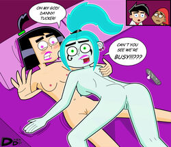 2girls bed black_hair blue_hair blue_skin caught caught_in_the_act danny_fenton danny_phantom darkdp dialogue ember_mclain female female_focus human male nude on_bed sam_manson smooth_skin speech_bubble text tucker_foley yuri